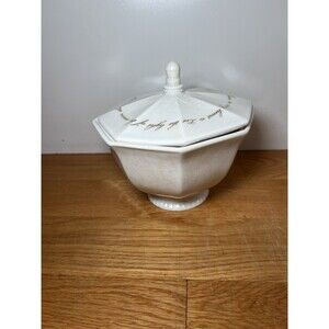 Russ Berrie Pedestal Bowl Lidded Octagon Crackle Glaze Quote Vintage Style Decor